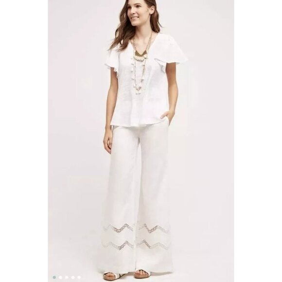 Elevenses Womens White Wide-Leg Cropped Pants With Lace Trim Size Medium Linen - Picture 1 of 7
